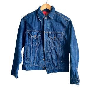 Vintage 80's Gap Pioneer Blue Jean Jacket Red Plaid Inside Size 34 Small 18x23